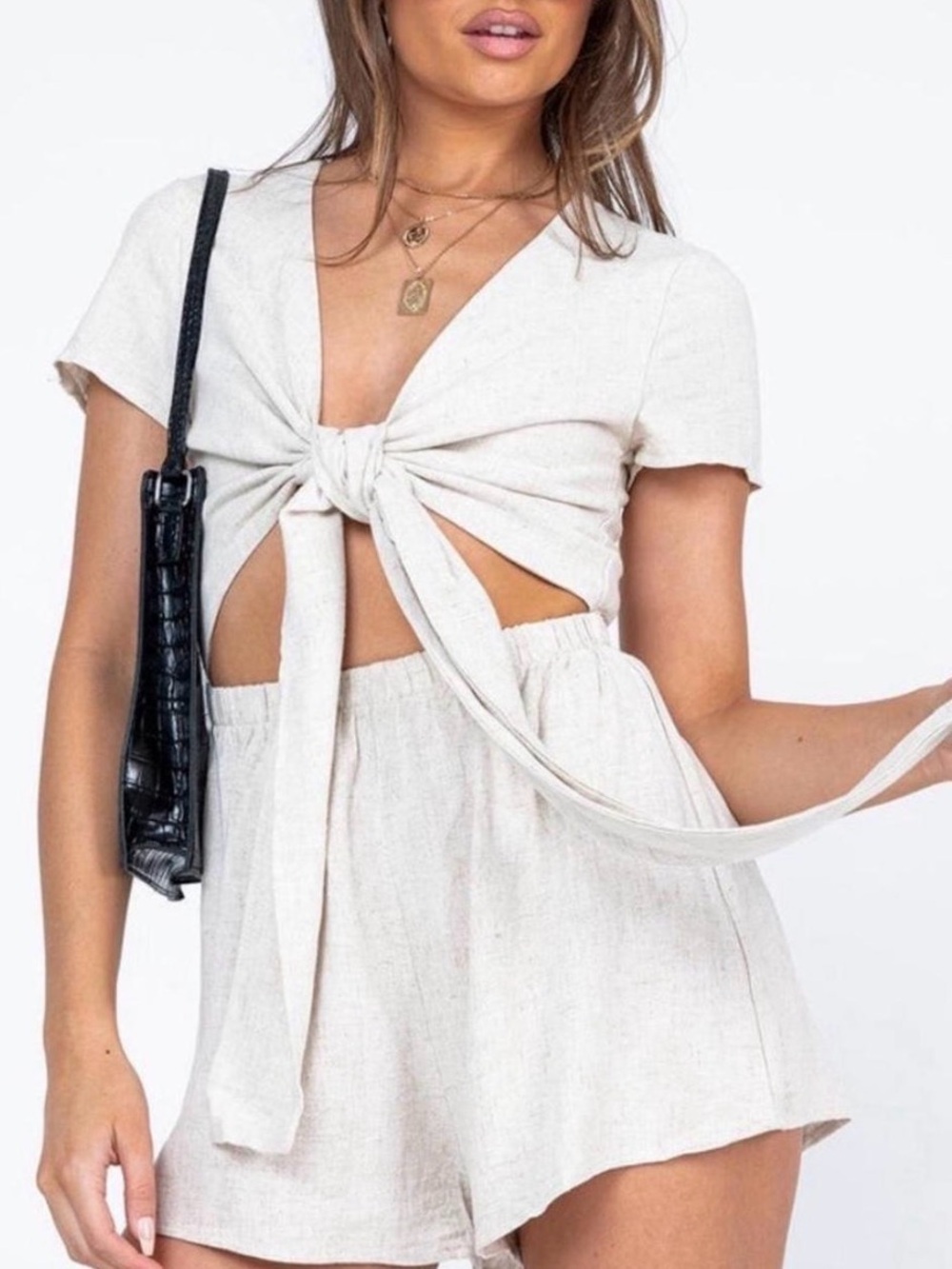 Princess Polly Tied up Front Two-Piece Linen Romper Set in Natural